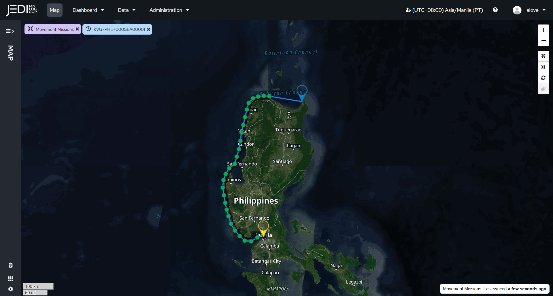 Screenshot of JEDI MNLOGCOP tracking movement missions in the Philippines during Exercise Balikatan