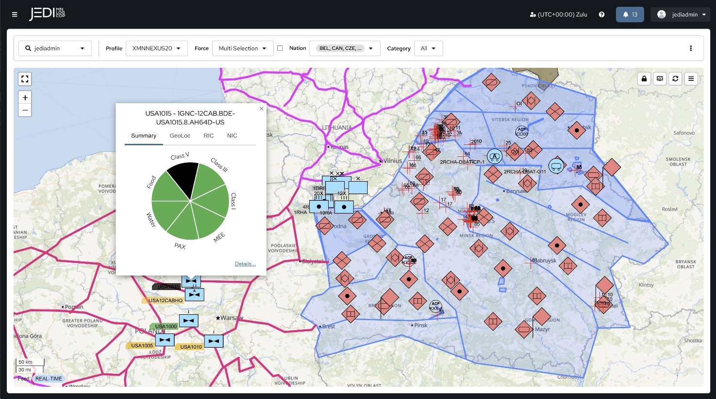 Screenshot of JEDI MNLOGCOP displaying multinational force positions and enemy sectors from a mission partner's targeting system during Exercise Shared Horizon 2025