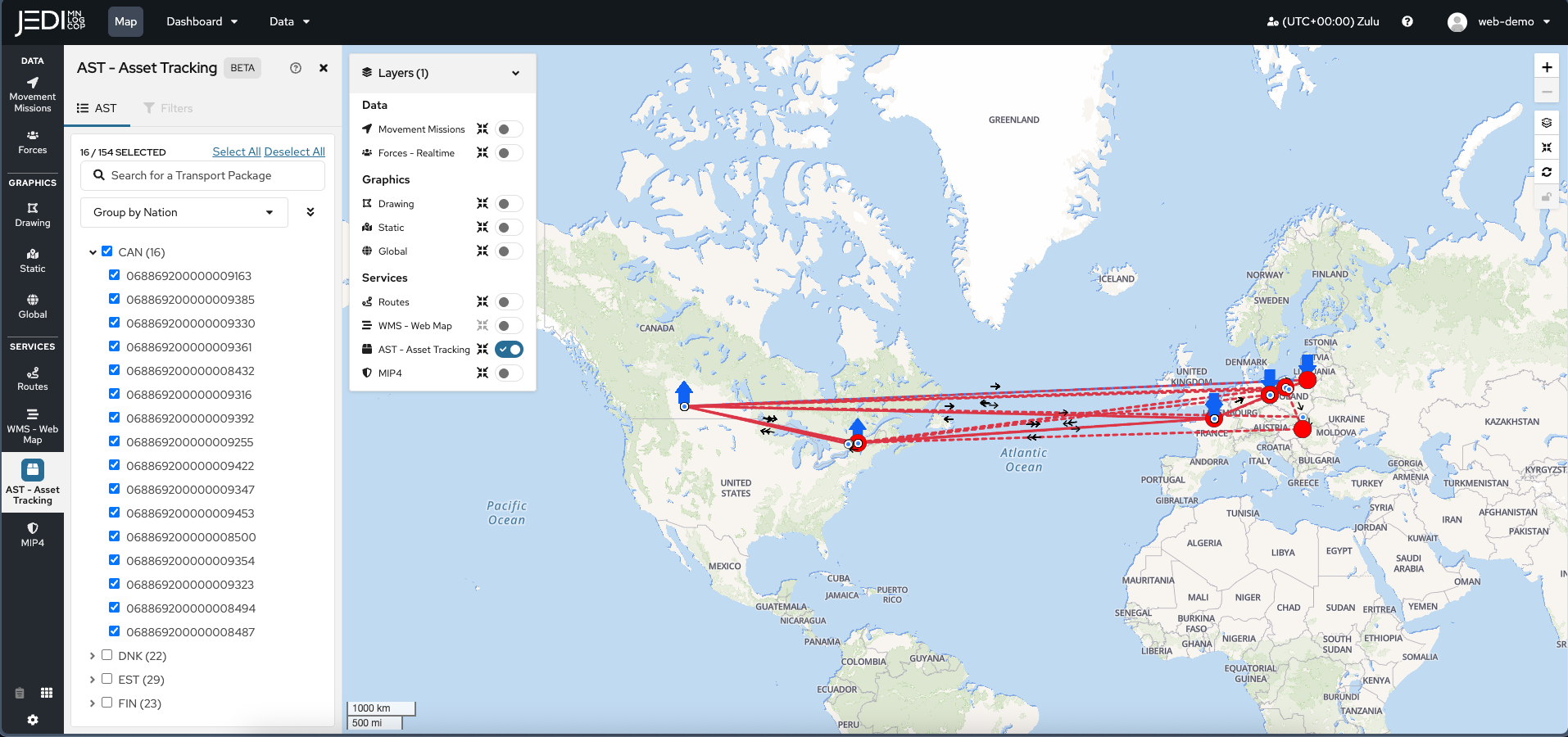 Screenshot of the JEDI common operational picture map view with multinational logistics overlays